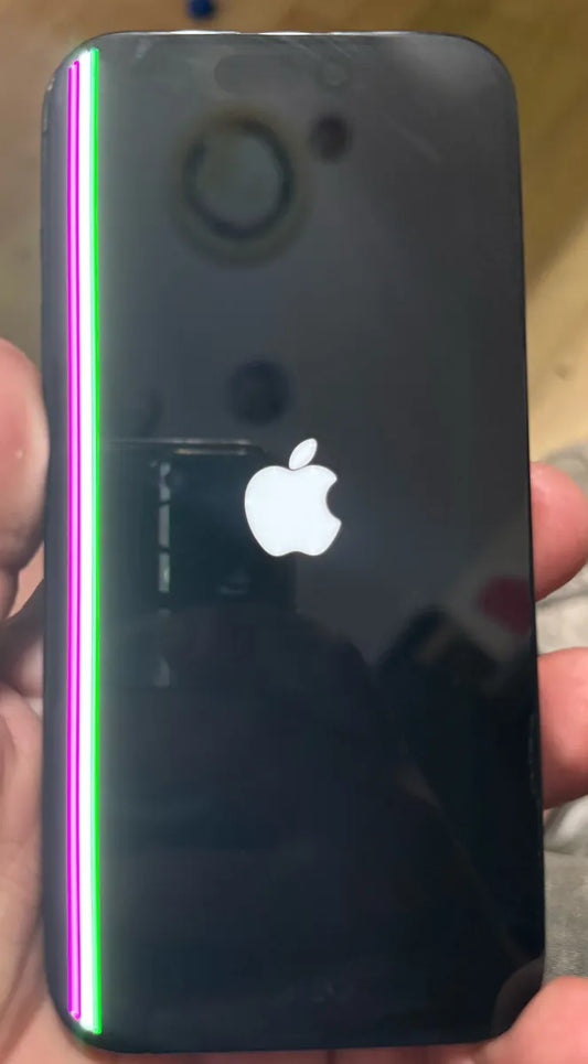 Customer's iPhone with green and pink lines down the display before screen repair at Franchitti's Fix near Kensington and Talmadge, San Diego
