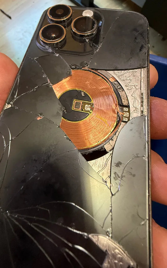 iPhone Pro with shattered back glass brought in for back glass repair at Franchitti's Fix near Mission Valley, San Diego