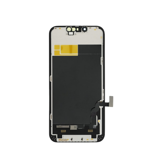 Back of iTruColor LCD screen assembly for iPhone 13, showing shielding and flex cables