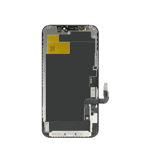 Back of iTruColor LCD screen assembly for iPhone 12 and 12 Pro, showing shielding and flex cables