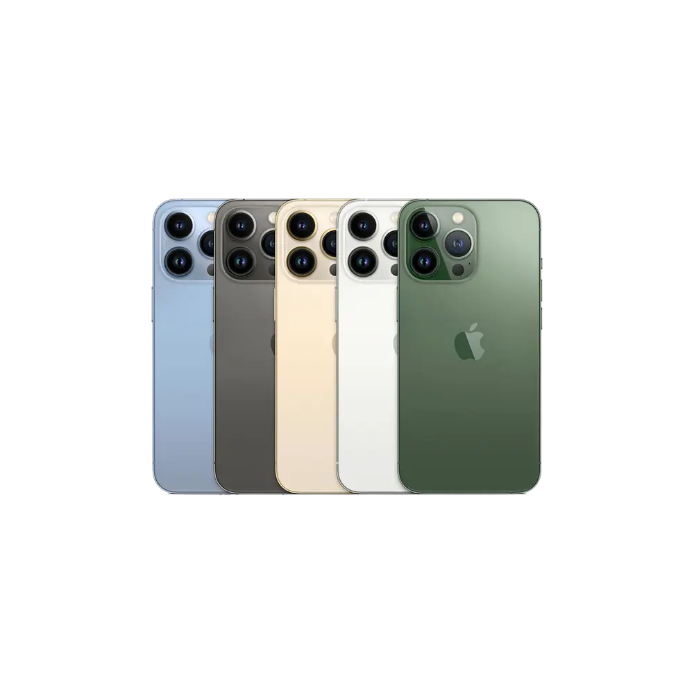 Apple iPhone 13 Pro lineup showcasing Sierra Blue, Alpine Green, Graphite, Gold, and Silver.