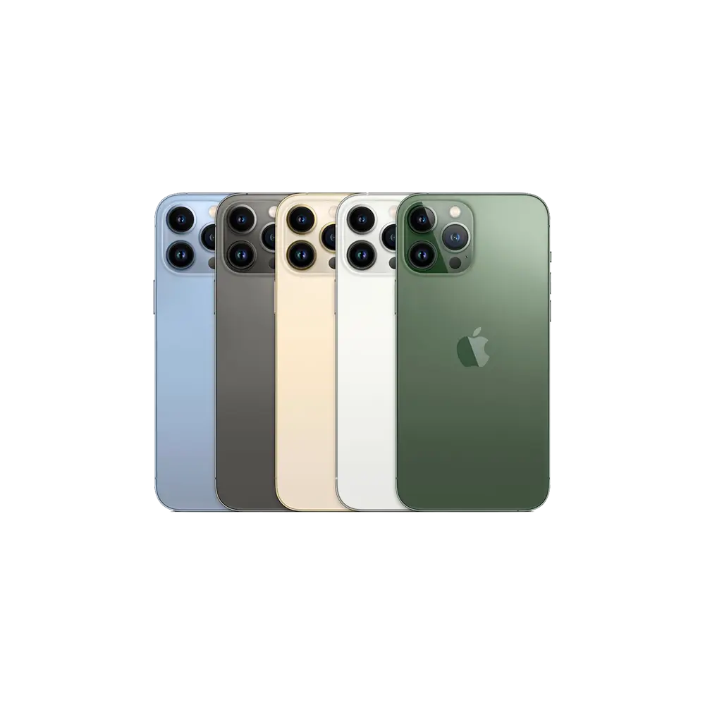 Apple iPhone 13 Pro Max flagship models in Sierra Blue, Alpine Green, Graphite, Gold, and Silver.