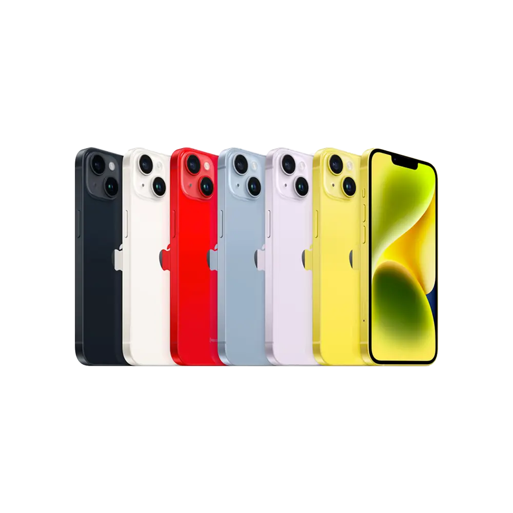 Apple iPhone 14 models displaying Midnight, Starlight, Product RED, Blue, Purple, and Yellow colors.