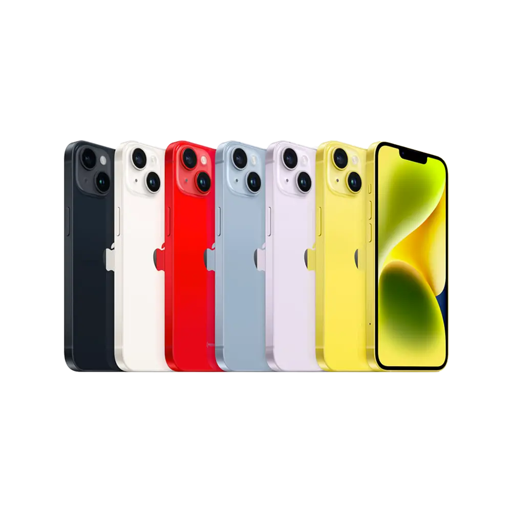 Apple iPhone 14 Plus phones in Midnight, Starlight, Product RED, Blue, Purple, and Yellow finishes.