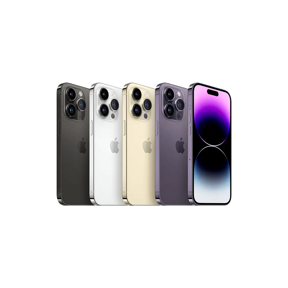 Apple iPhone 14 Pro smartphones in Deep Purple, Gold, Silver, and Space Black colors.