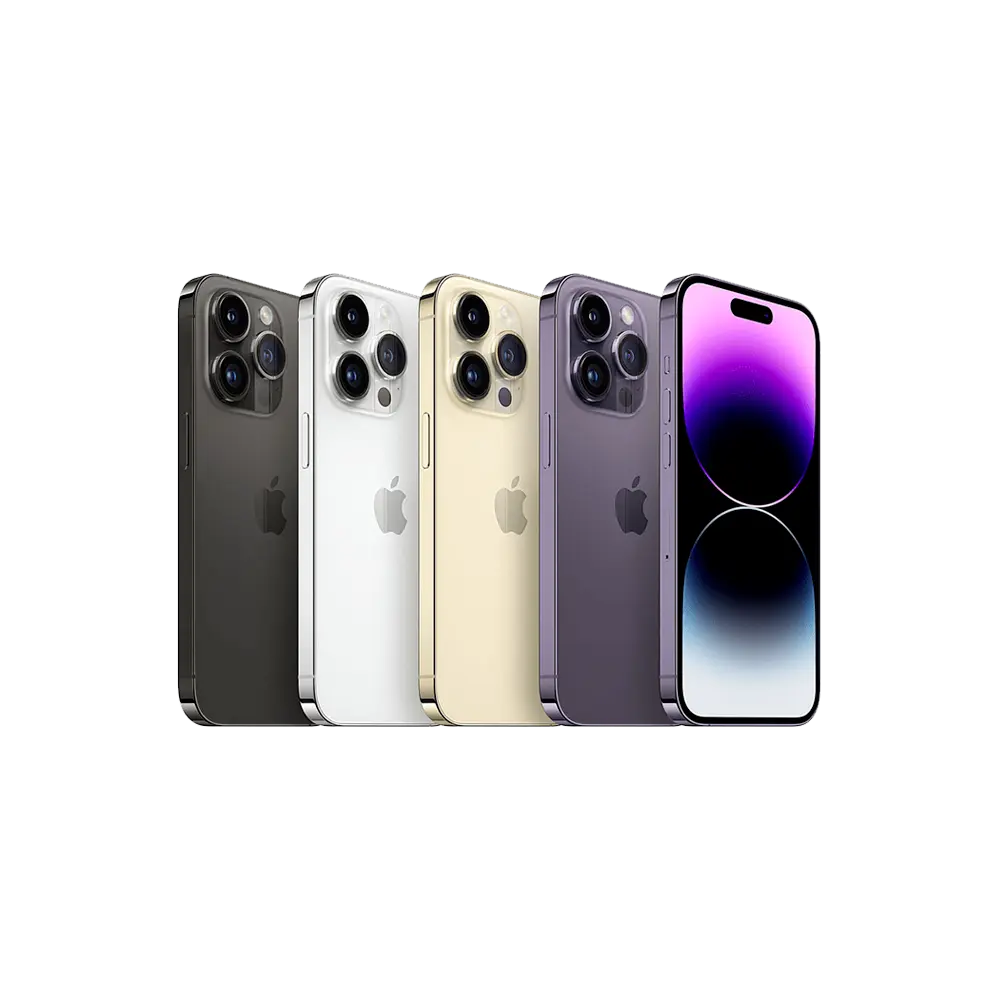 Apple iPhone 14 Pro Max devices displayed in Deep Purple, Gold, Silver, and Space Black finishes.