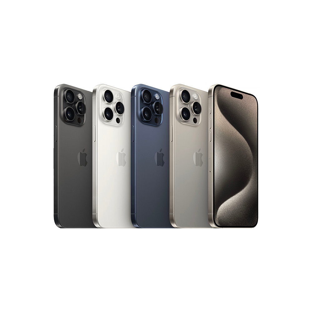 Apple iPhone 15 Pro aerospace-grade titanium collection in Natural, Blue, White, and Black.