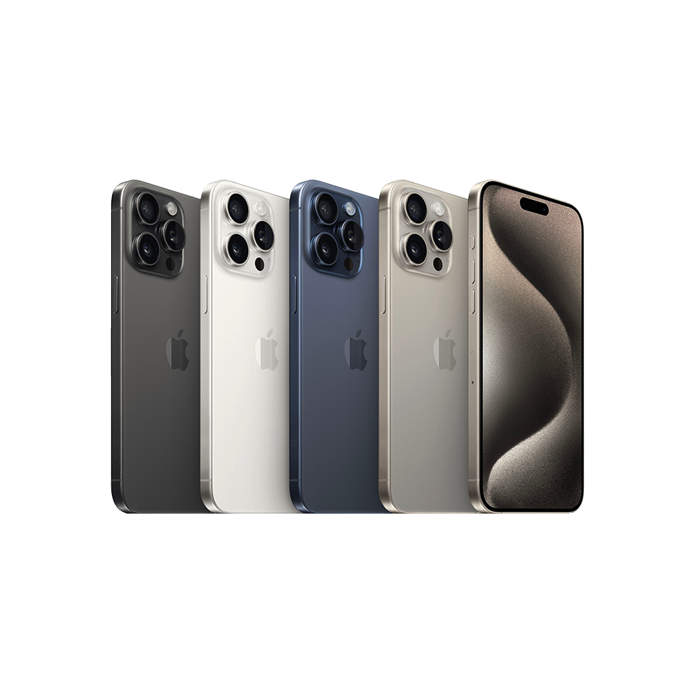 Apple iPhone 15 Pro Max flagships showcased in Natural, Blue, White, and Black Titanium.