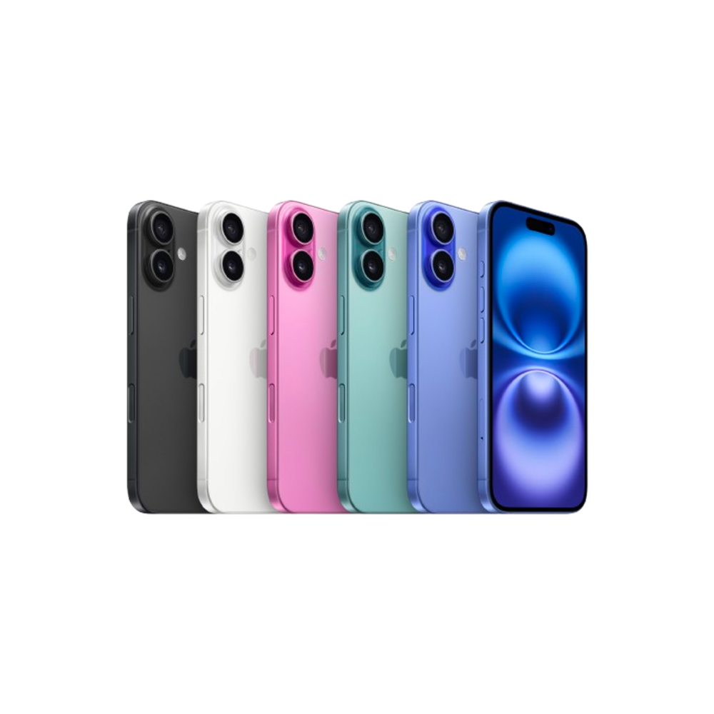 Apple iPhone 16 models arranged in Ultramarine, Teal, Pink, White, and Black colors.