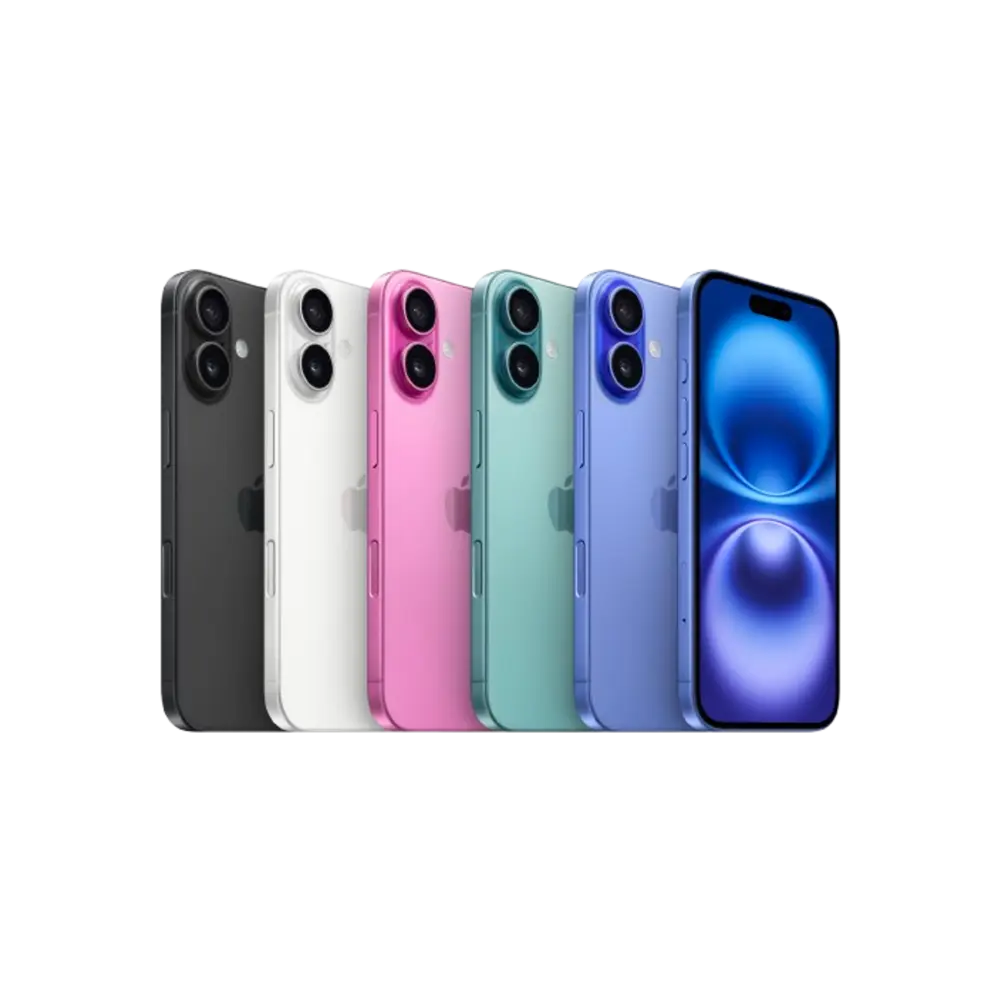 Apple iPhone 16 Plus phones shown in vibrant Ultramarine, Teal, Pink, White, and Black finishes.