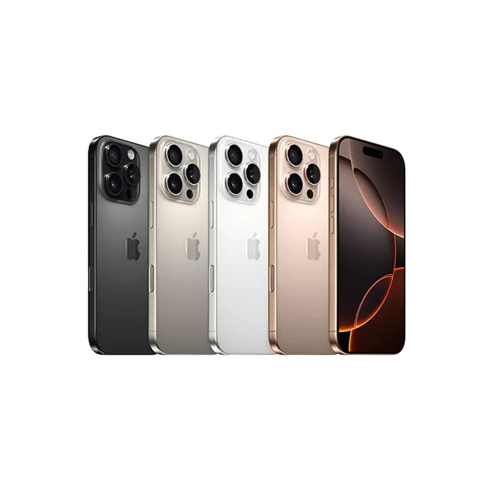 Apple iPhone 16 Pro premium Grade 5 Titanium finishes in Desert, Natural, White, and Black.