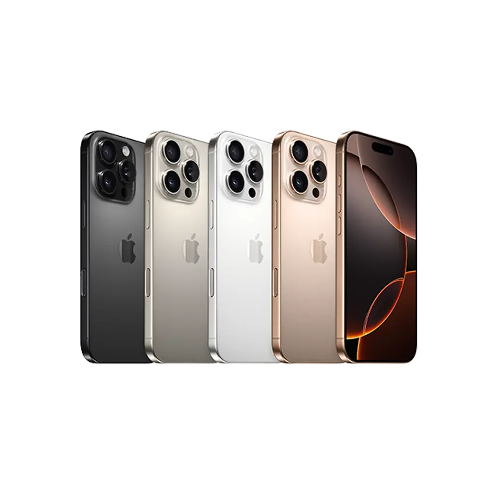 Apple iPhone 16 Pro Max premium titanium line showing Desert, Natural, White, and Black colors.
