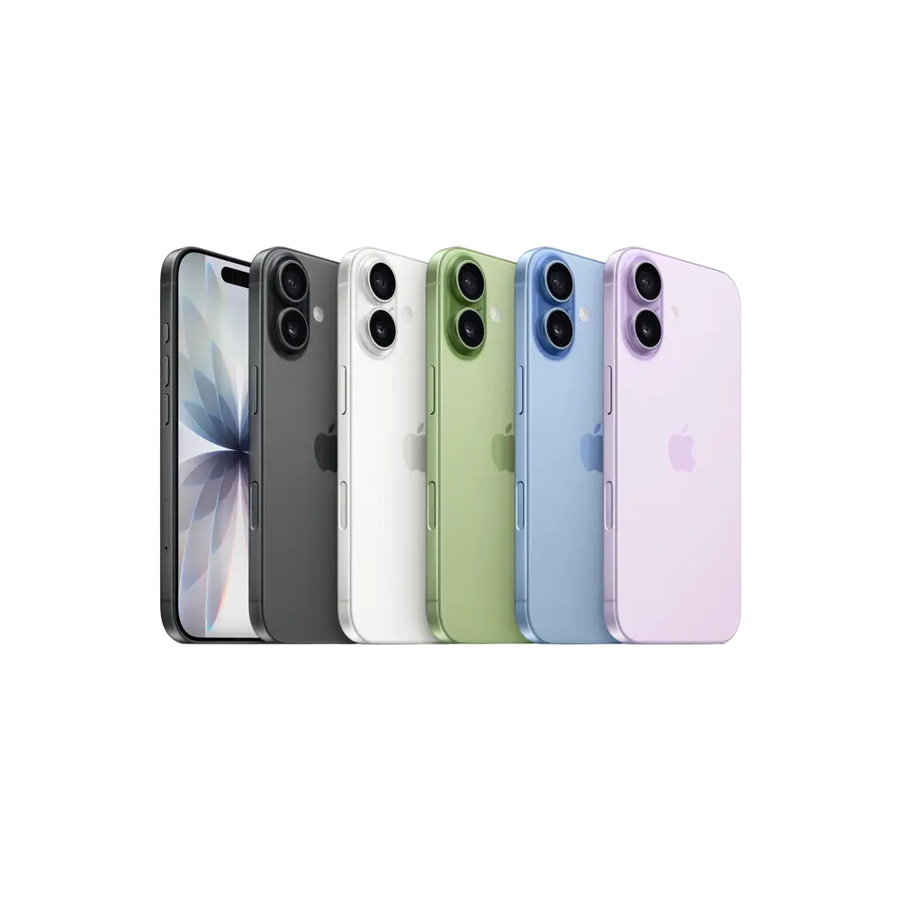Apple iPhone 17 baseline models displayed in Lavender, Sage, Mist Blue, White, and Black.