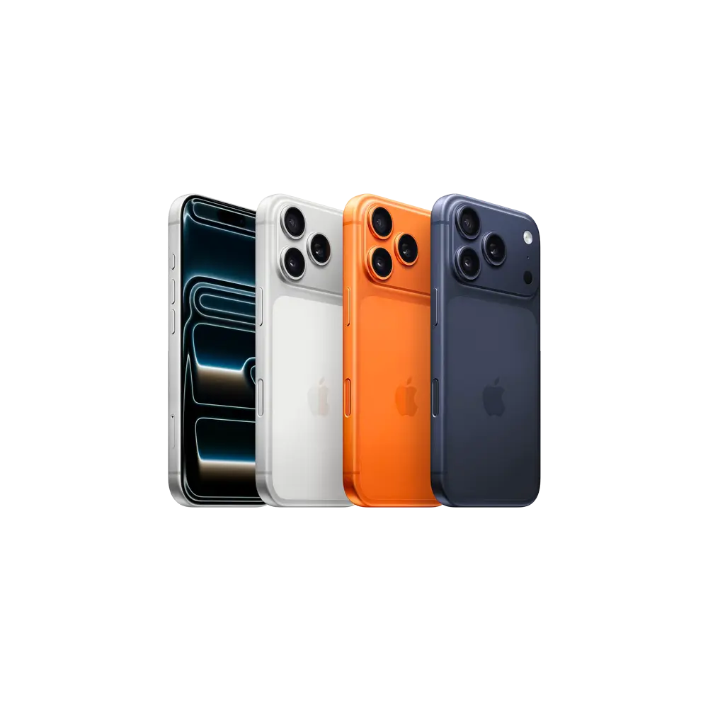 Apple iPhone 17 Pro models displayed in Silver, Cosmic Orange, and Deep Blue finishes.