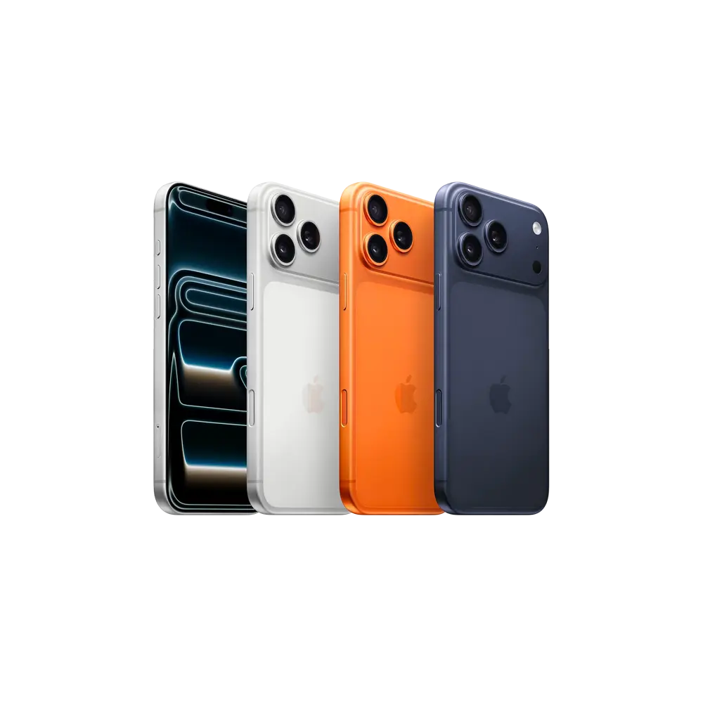 Apple iPhone 17 Pro Max smartphones showcasing Silver, Cosmic Orange, and Deep Blue colors.