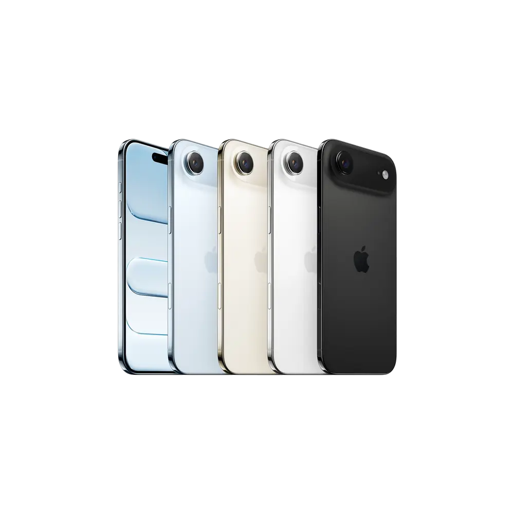 Ultra-thin Apple iPhone Air profiles shown in Sky Blue, Light Gold, Cloud White, and Space Black.