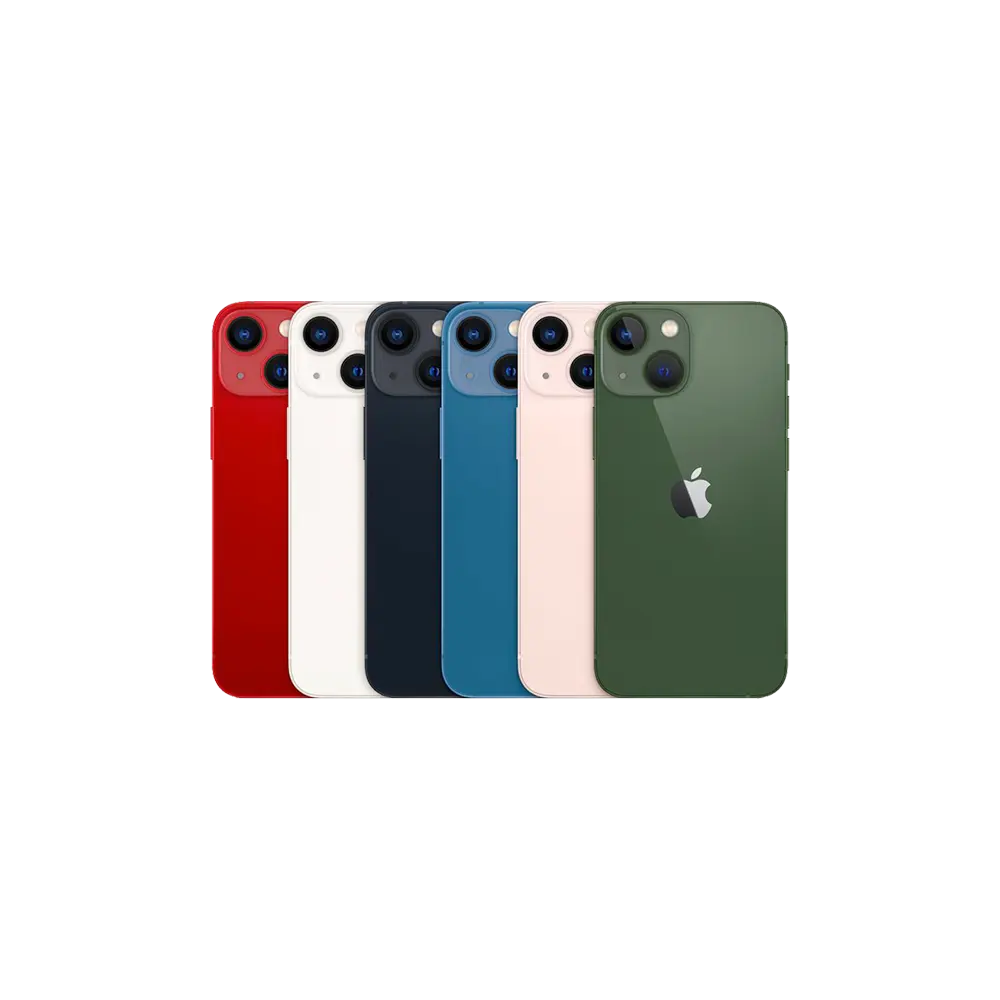 Compact Apple iPhone 13 Mini models shown in Midnight, Starlight, Blue, Pink, Green, and Product RED.